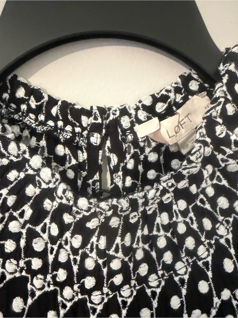 LOFT Black White Embroidery Eyelet Smocked Midi Dress flutter sleeve petite XS